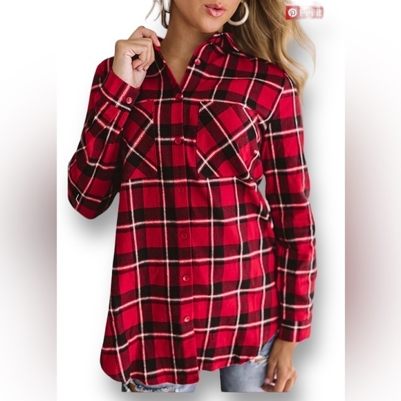 VINE & LOVE Cold Weather Shirt Size  Large Tartan Plaid Rounded Hem NWT - Picture 1 of 10
